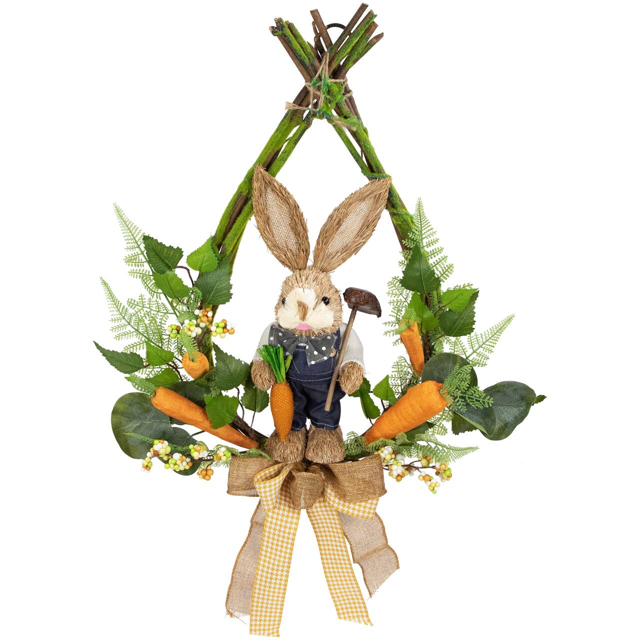 22" Green & Orange Farmer Bunny Moss Vines Teardrop Easter Wreath